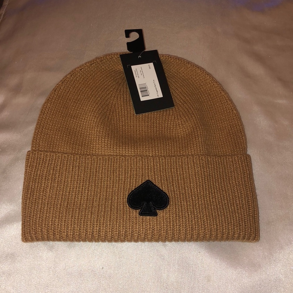 Kate Spade 100% Acrylic Ribbed Flocked Spade Knit Beanie Light Tobacco OS NWT
